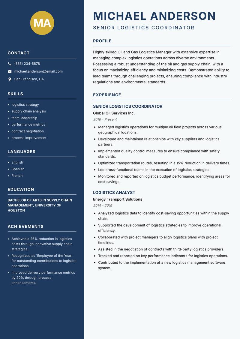 Oil and Gas Logistics Manager Resume Preview Example