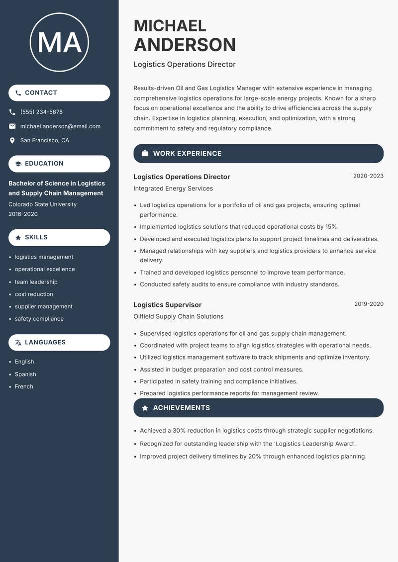 Oil and Gas Logistics Manager Resume Preview Example