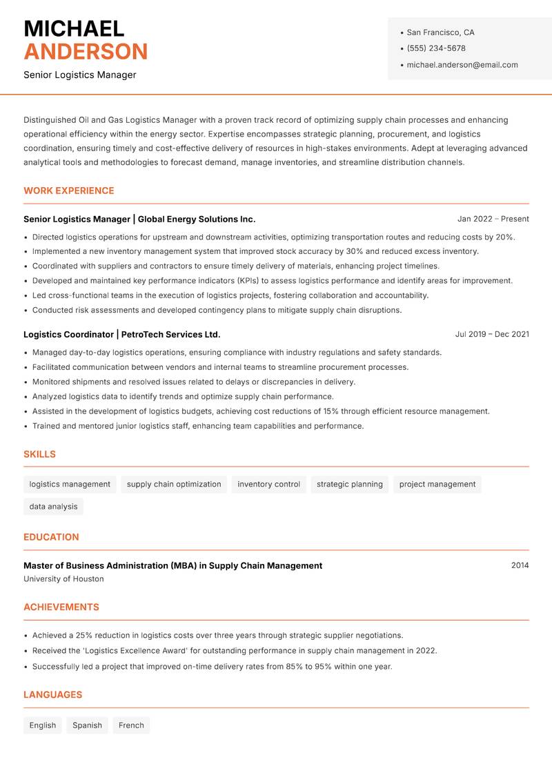 Oil and Gas Logistics Manager Resume Template
