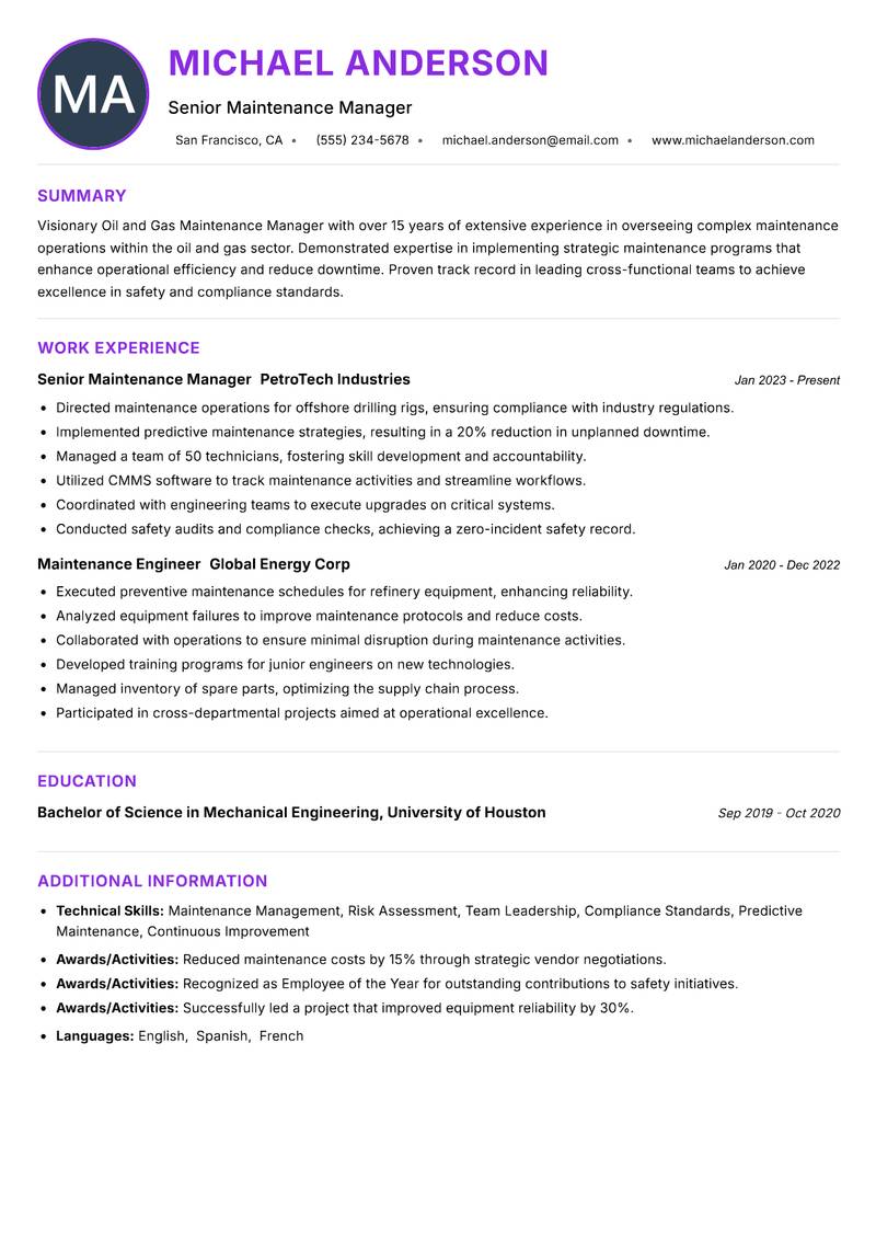 Oil and Gas Maintenance Manager Resume Preview Example