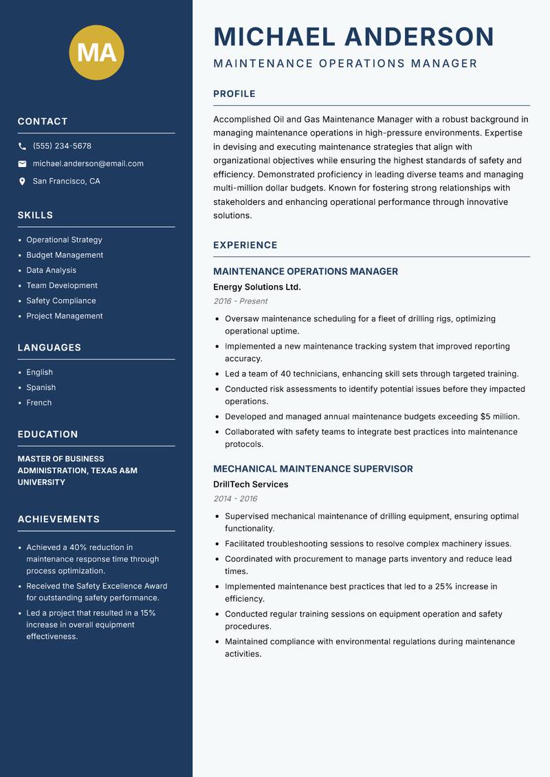 Oil and Gas Maintenance Manager Resume Preview Example