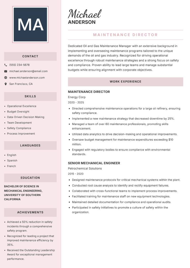 Oil and Gas Maintenance Manager Resume Preview Example