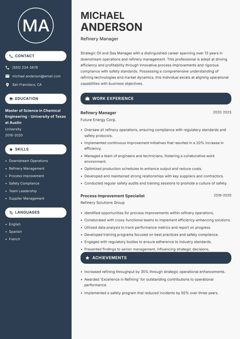 Oil and Gas Manager Resume Preview Example