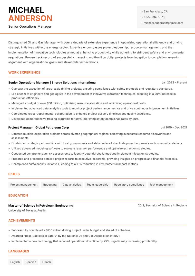 Oil and Gas Manager Resume Template