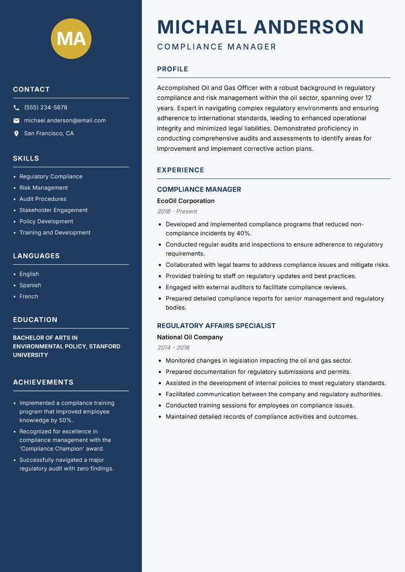 Oil and Gas Officer Resume Preview Example