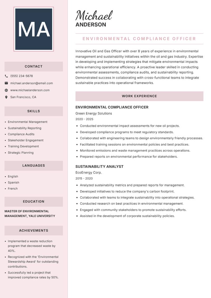 Oil and Gas Officer Resume Preview Example