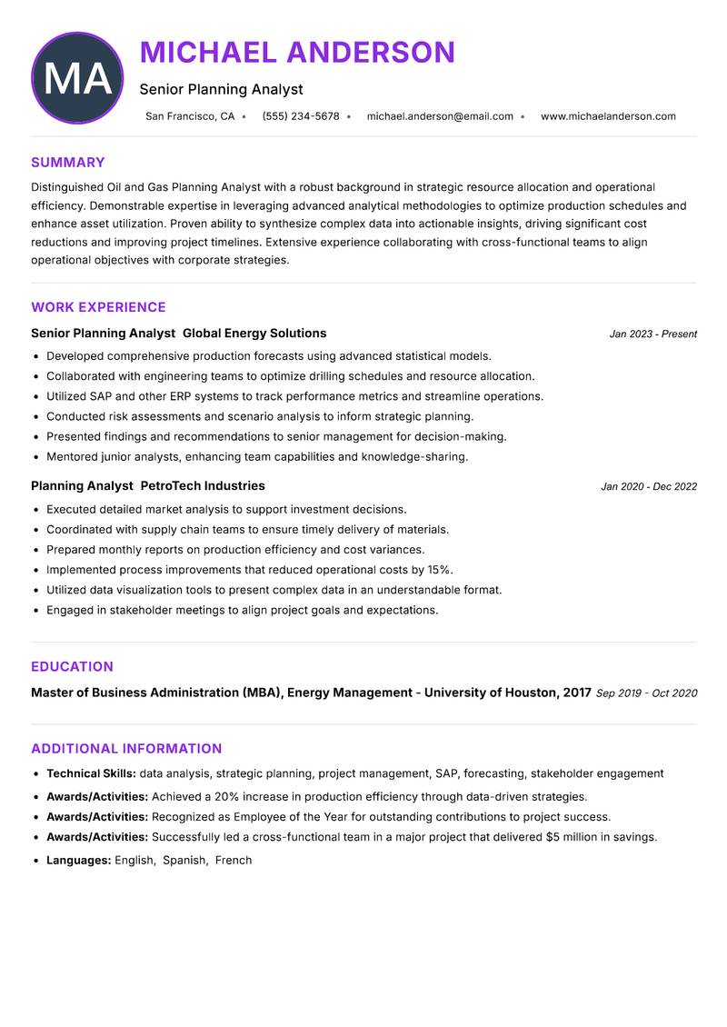 Oil and Gas Planning Analyst Resume Preview Example