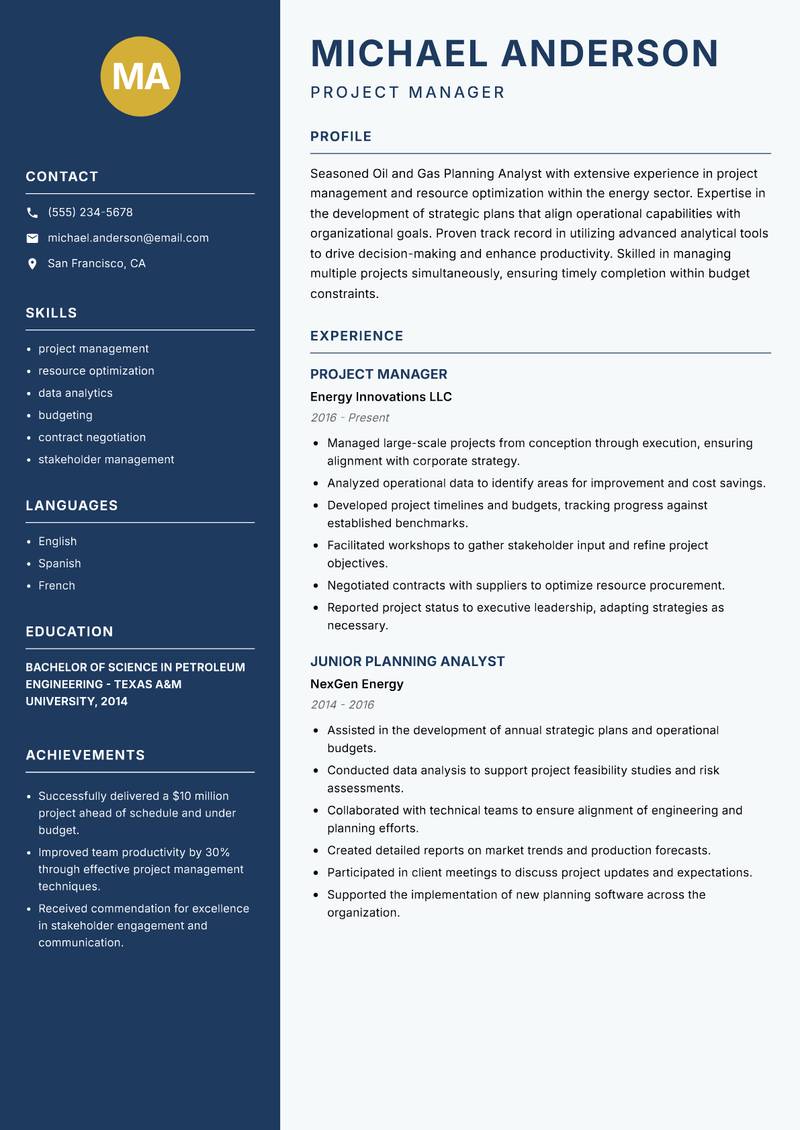 Oil and Gas Planning Analyst Resume Preview Example
