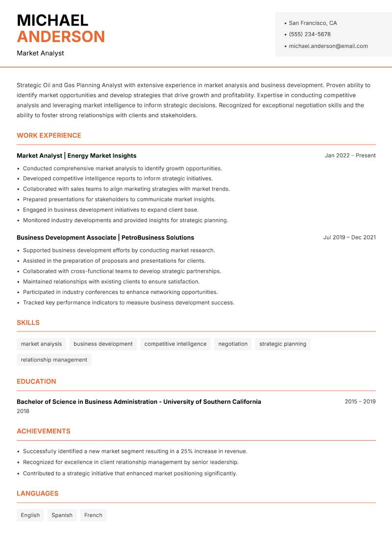 Oil and Gas Planning Analyst Resume Template