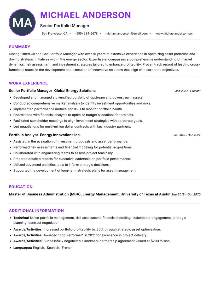Oil and Gas Portfolio Manager Resume Preview Example