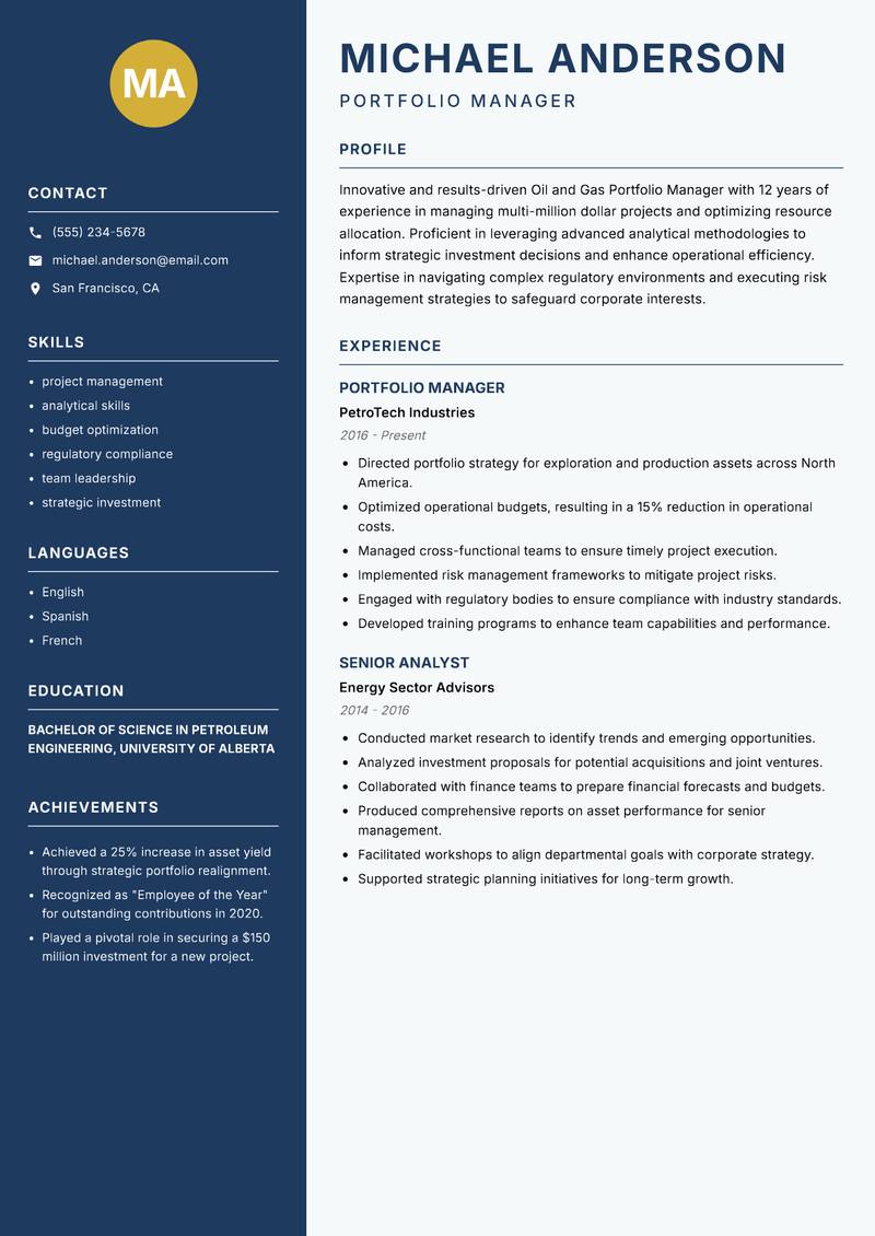 Oil and Gas Portfolio Manager Resume Preview Example