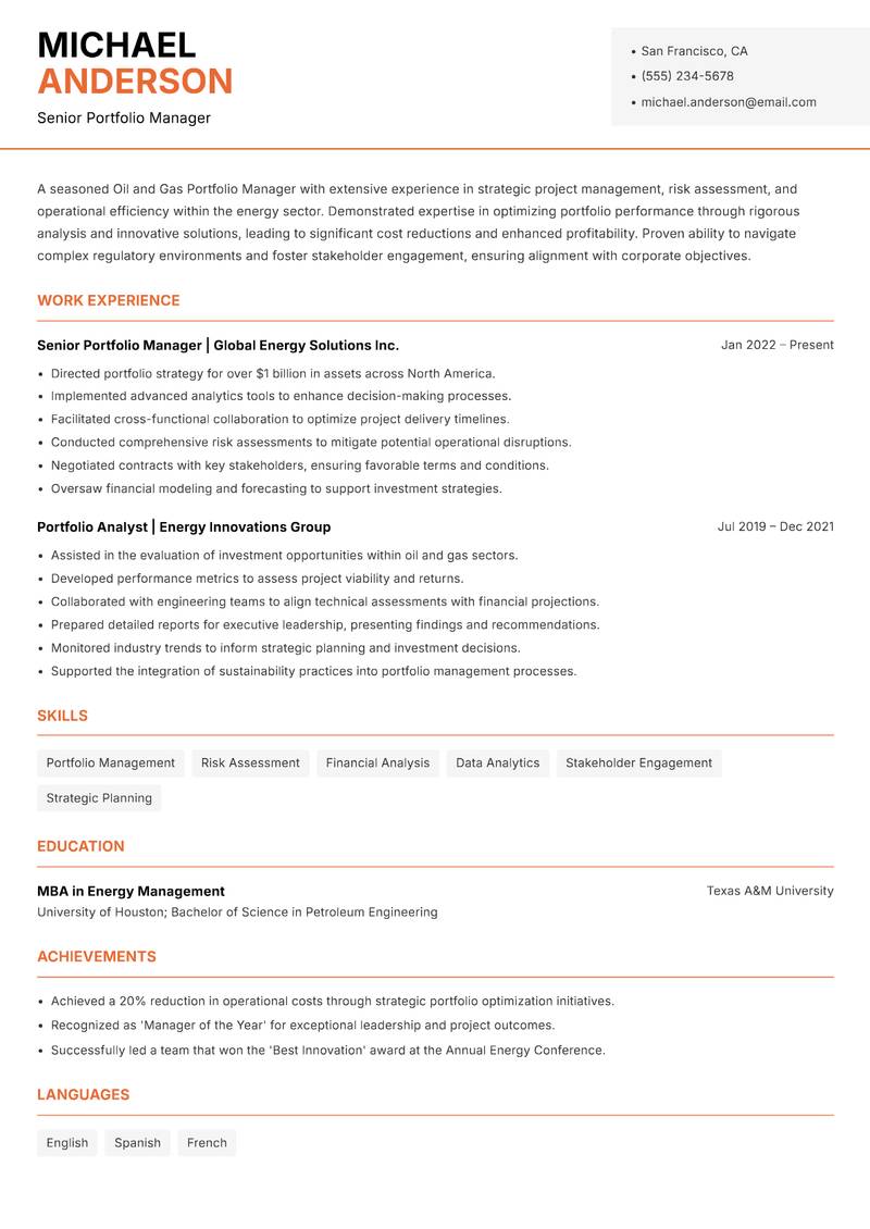 Oil and Gas Portfolio Manager Resume Template