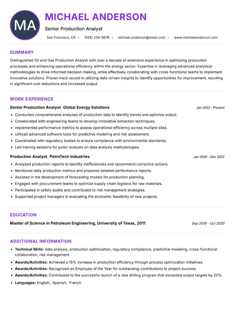 Oil and Gas Production Analyst Resume Preview Example