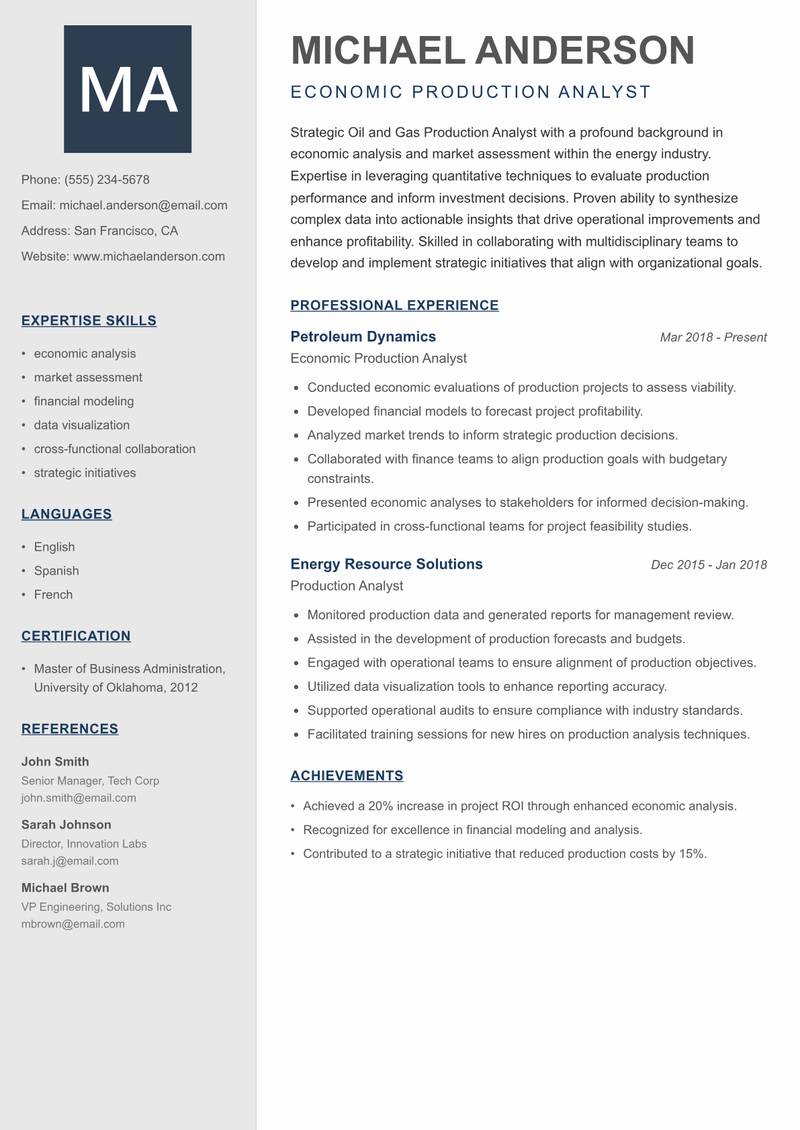 Oil and Gas Production Analyst Resume Preview Example
