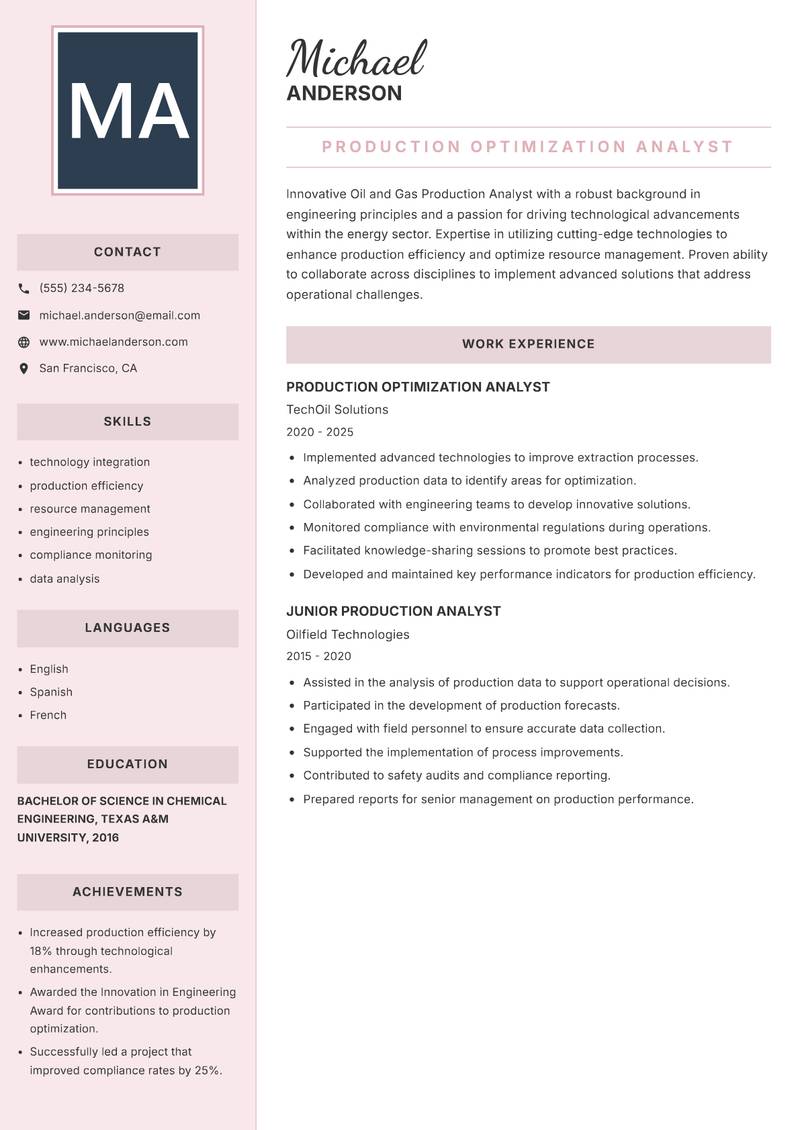 Oil and Gas Production Analyst Resume Preview Example