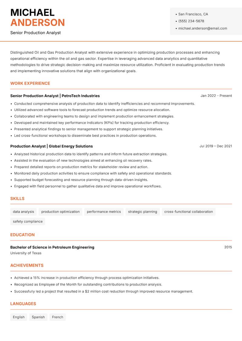 Oil and Gas Production Analyst Resume Template