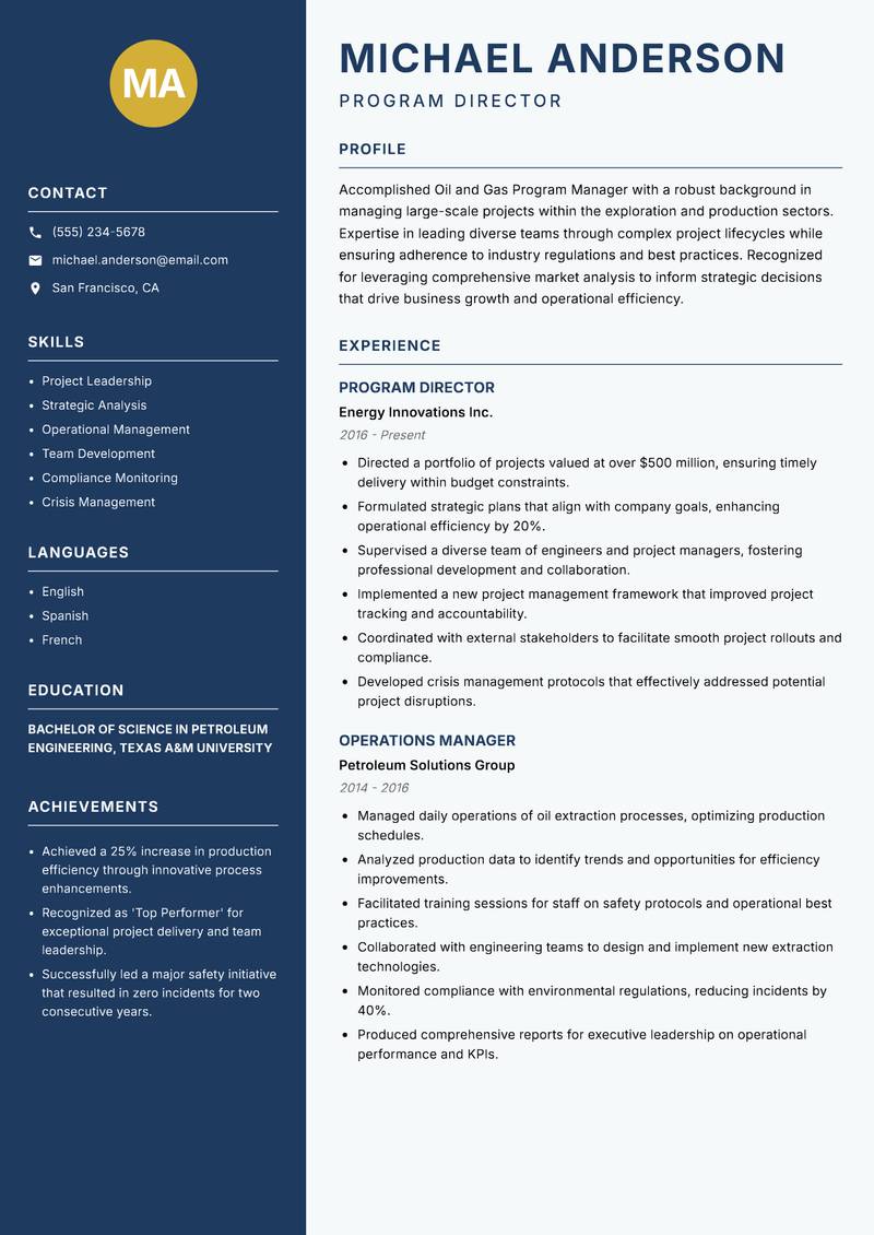 Oil and Gas Program Manager Resume Preview Example