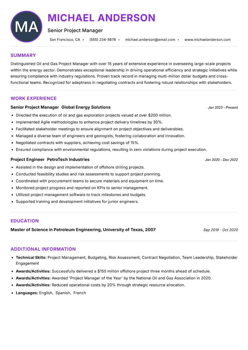 Oil and Gas Project Manager Resume Preview Example