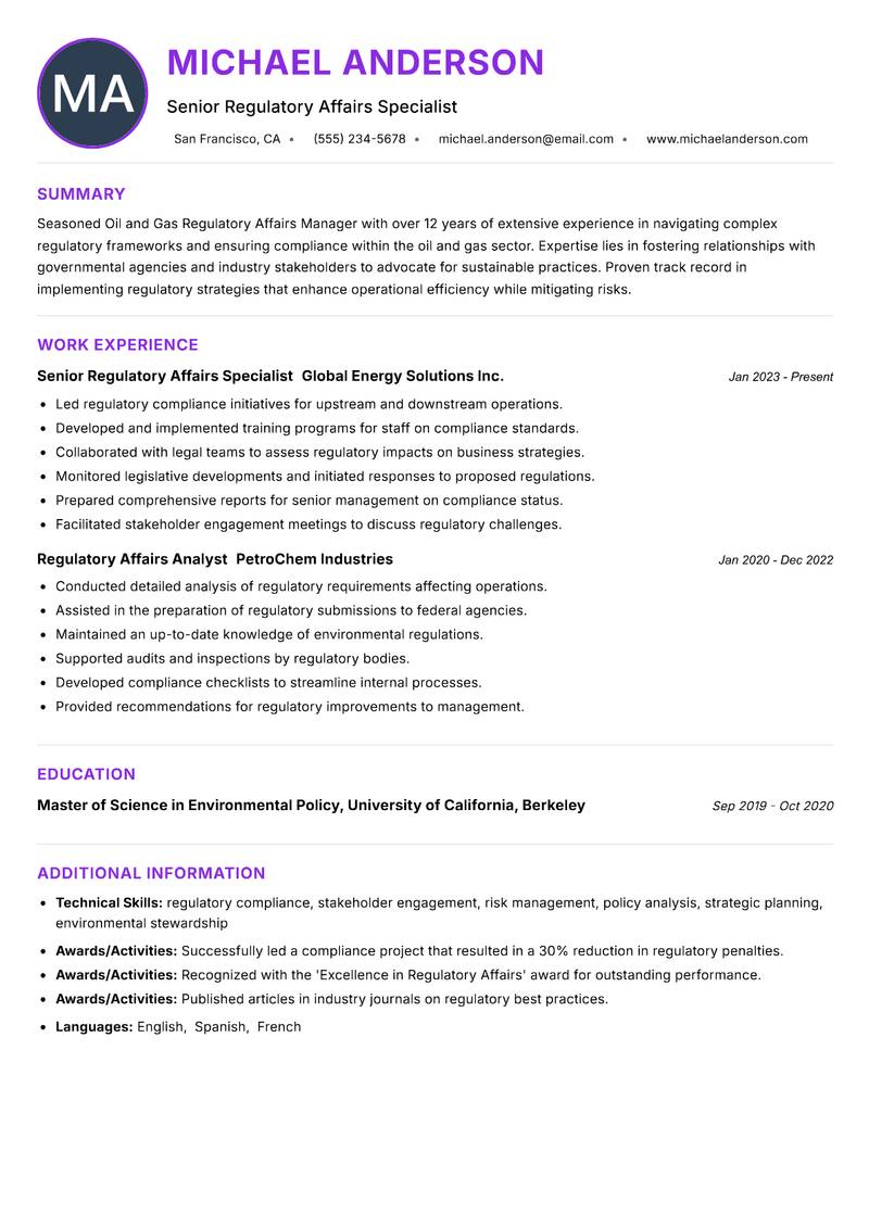 Oil and Gas Regulatory Affairs Manager Resume Preview Example
