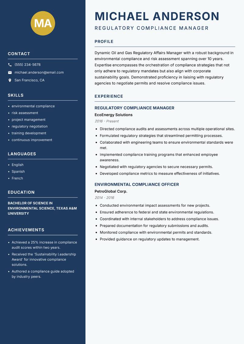Oil and Gas Regulatory Affairs Manager Resume Preview Example