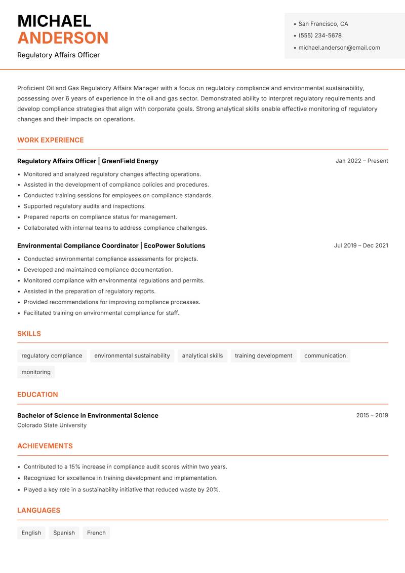 Oil and Gas Regulatory Affairs Manager Resume Template
