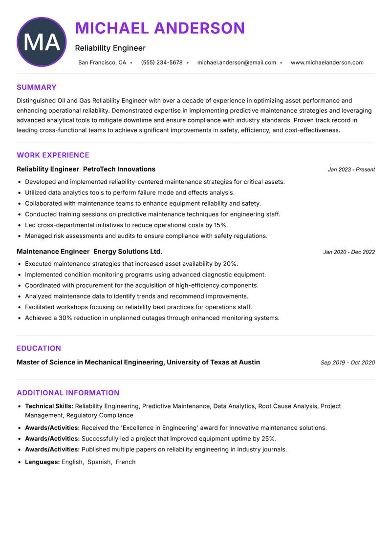 Oil and Gas Reliability Engineer Resume Preview Example