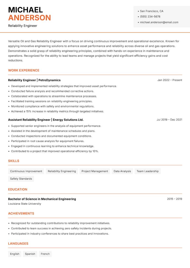 Oil and Gas Reliability Engineer Resume Template