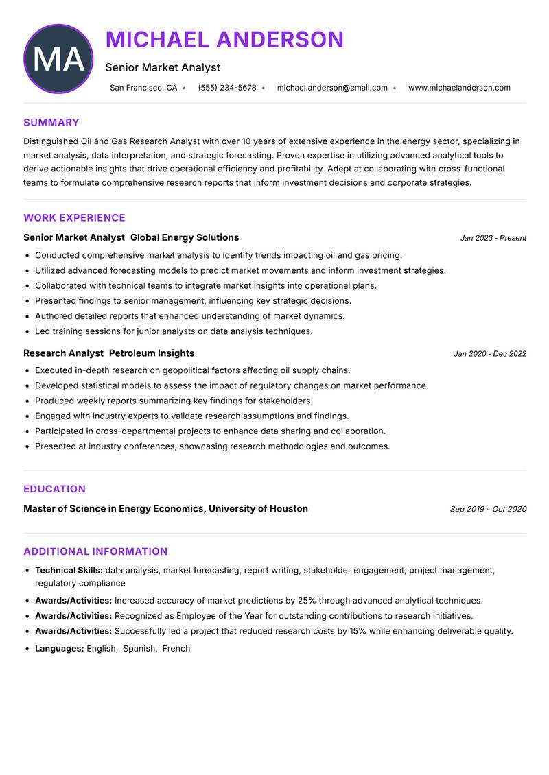 Oil and Gas Research Analyst Resume Preview Example
