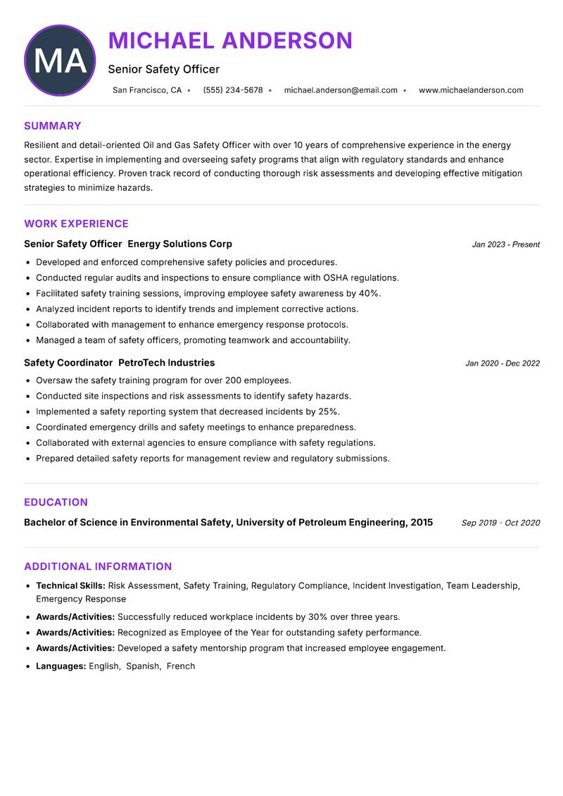 Oil and Gas Safety Officer Resume Preview Example