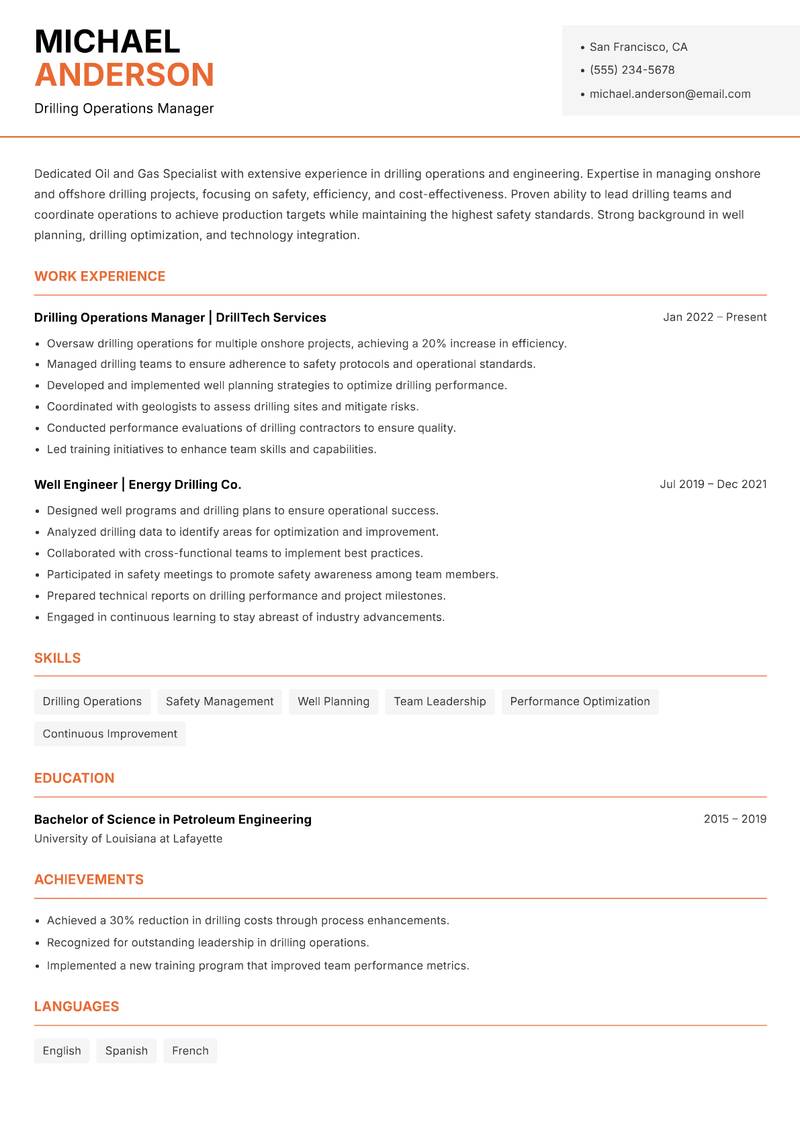 Oil and Gas Specialist Resume Template