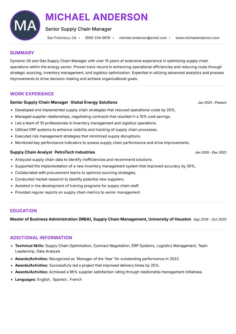Oil and Gas Supply Chain Manager Resume Preview Example