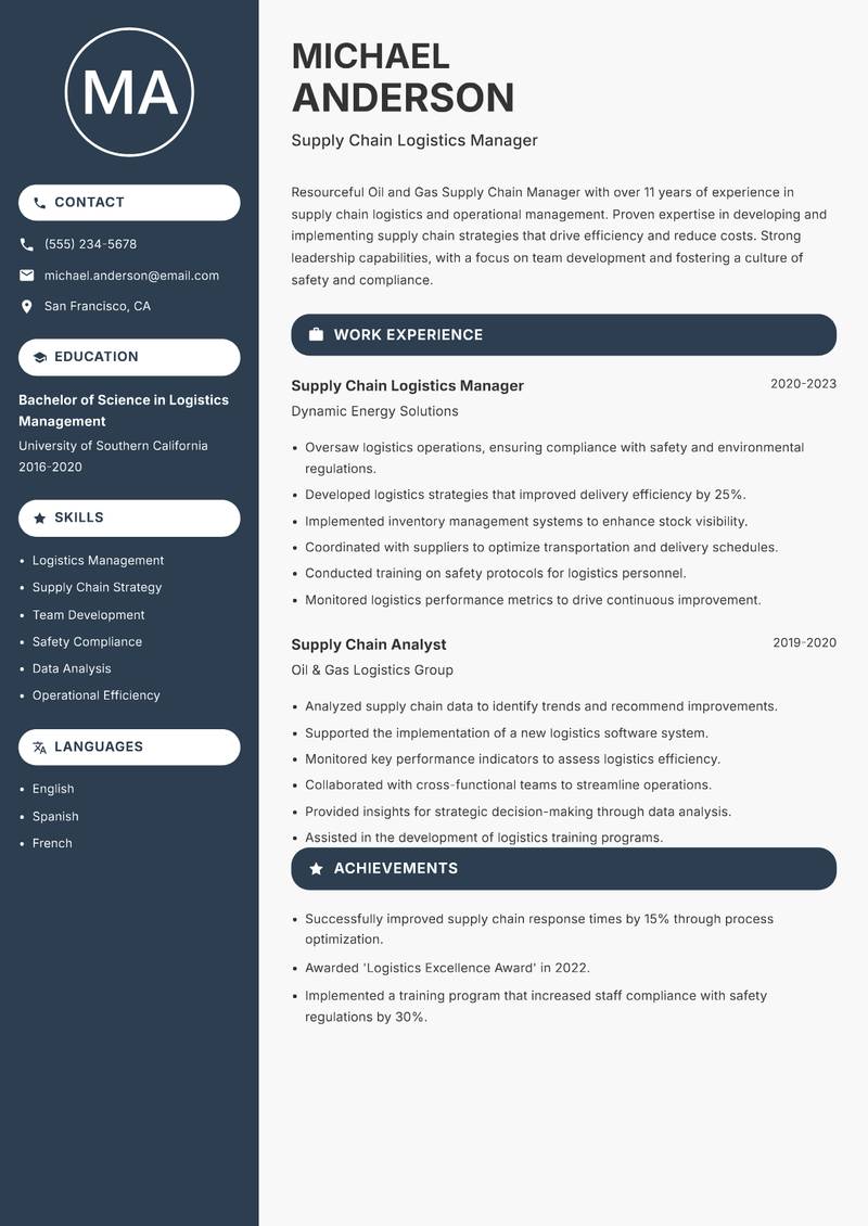 Oil and Gas Supply Chain Manager Resume Preview Example