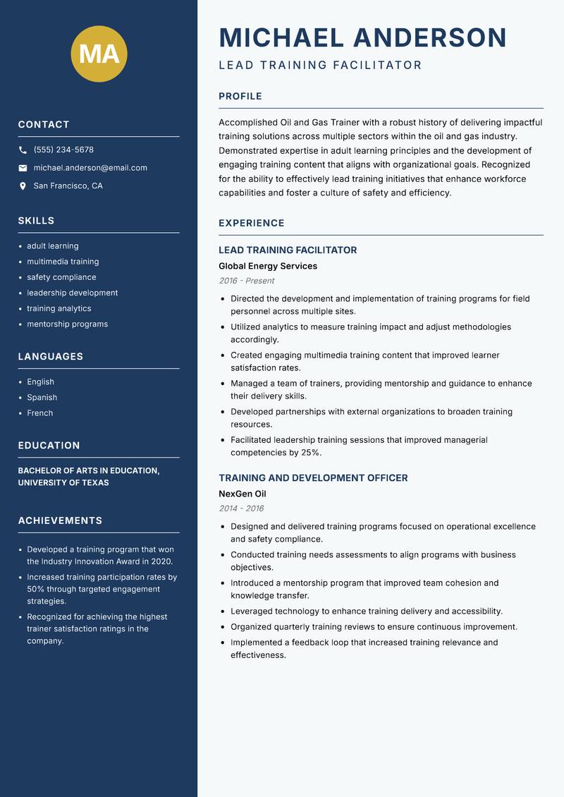 Oil and Gas Trainer Resume Preview Example