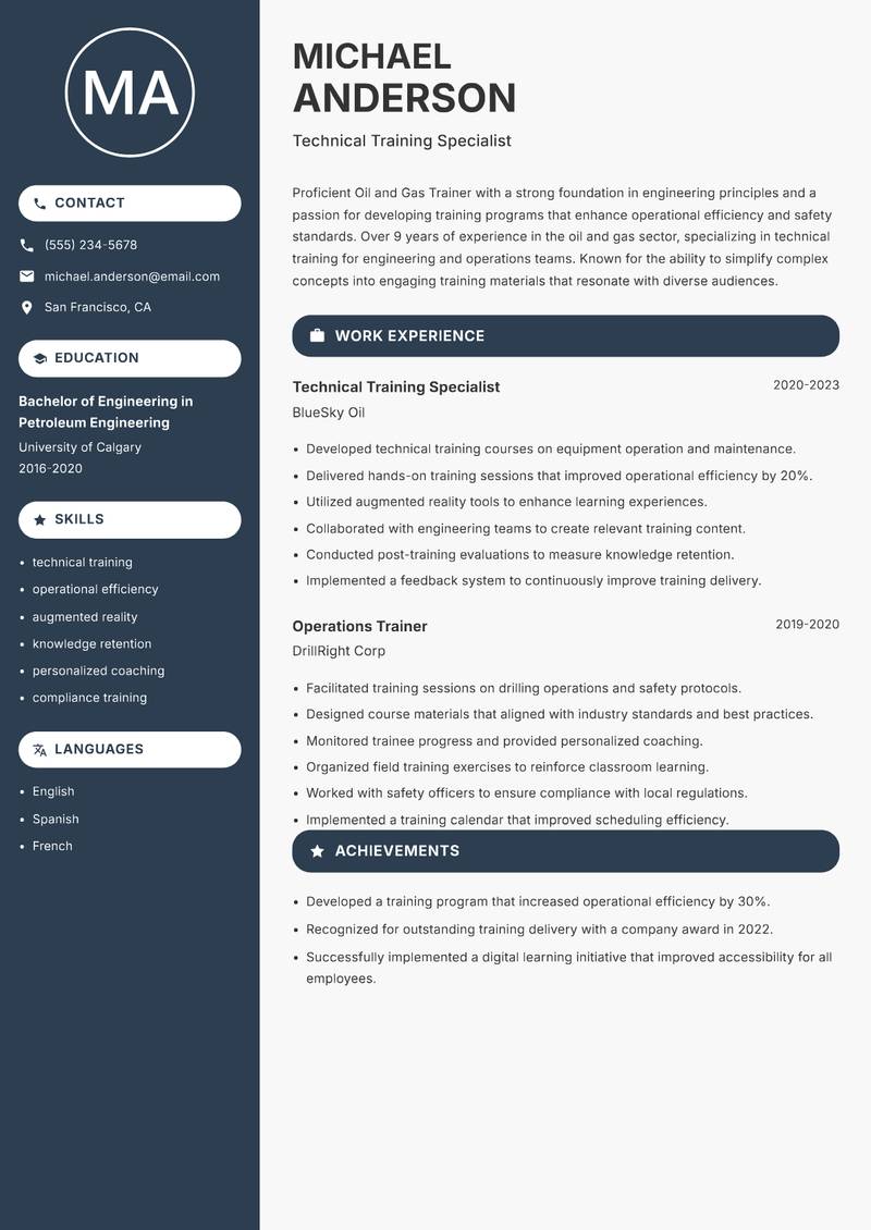 Oil and Gas Trainer Resume Preview Example