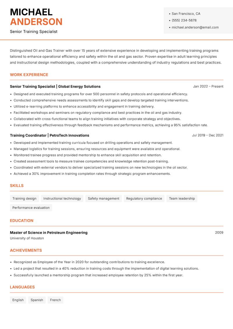 Oil and Gas Trainer Resume Template