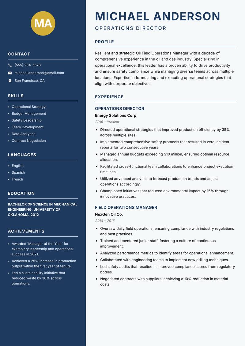 Oil Field Operations Manager Resume Preview Example