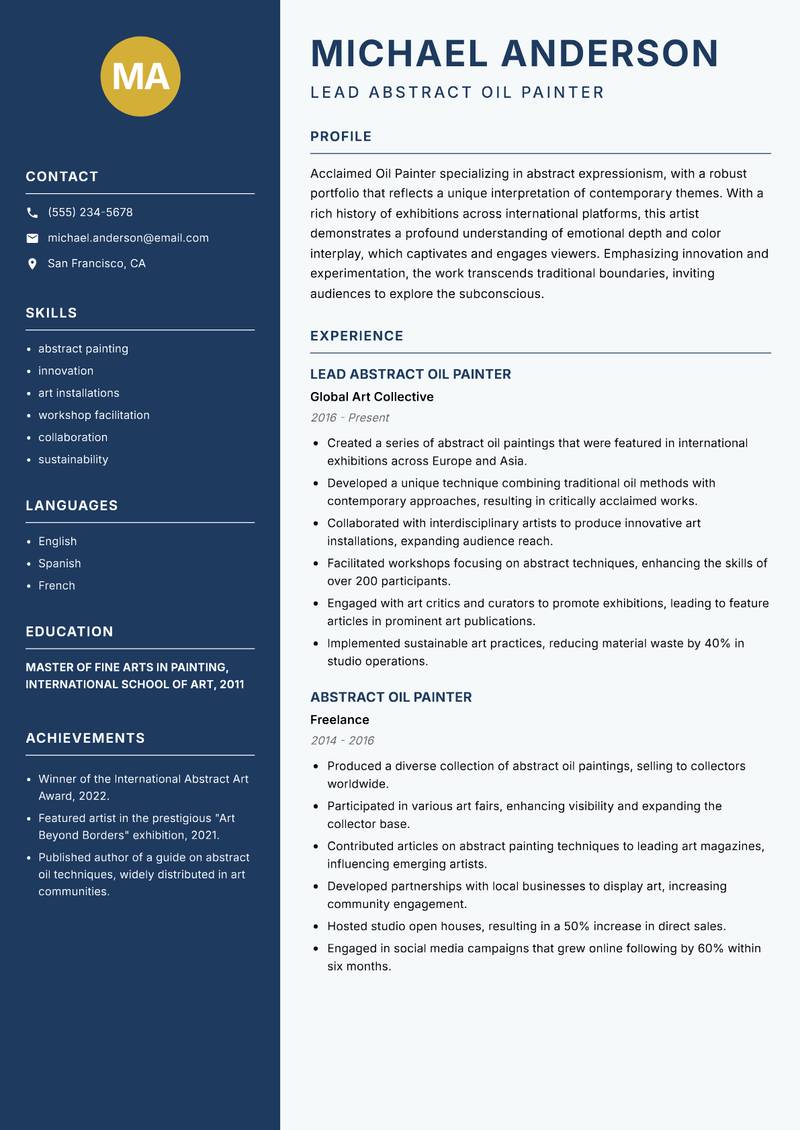 Oil Painter Resume Preview Example