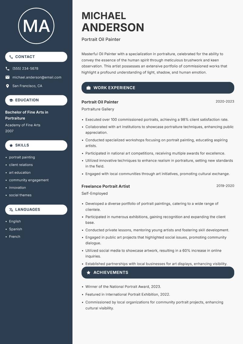 Oil Painter Resume Preview Example