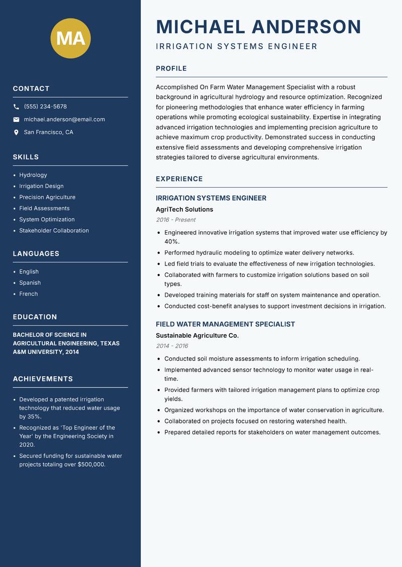 On Farm Water Management Specialist Resume Preview Example