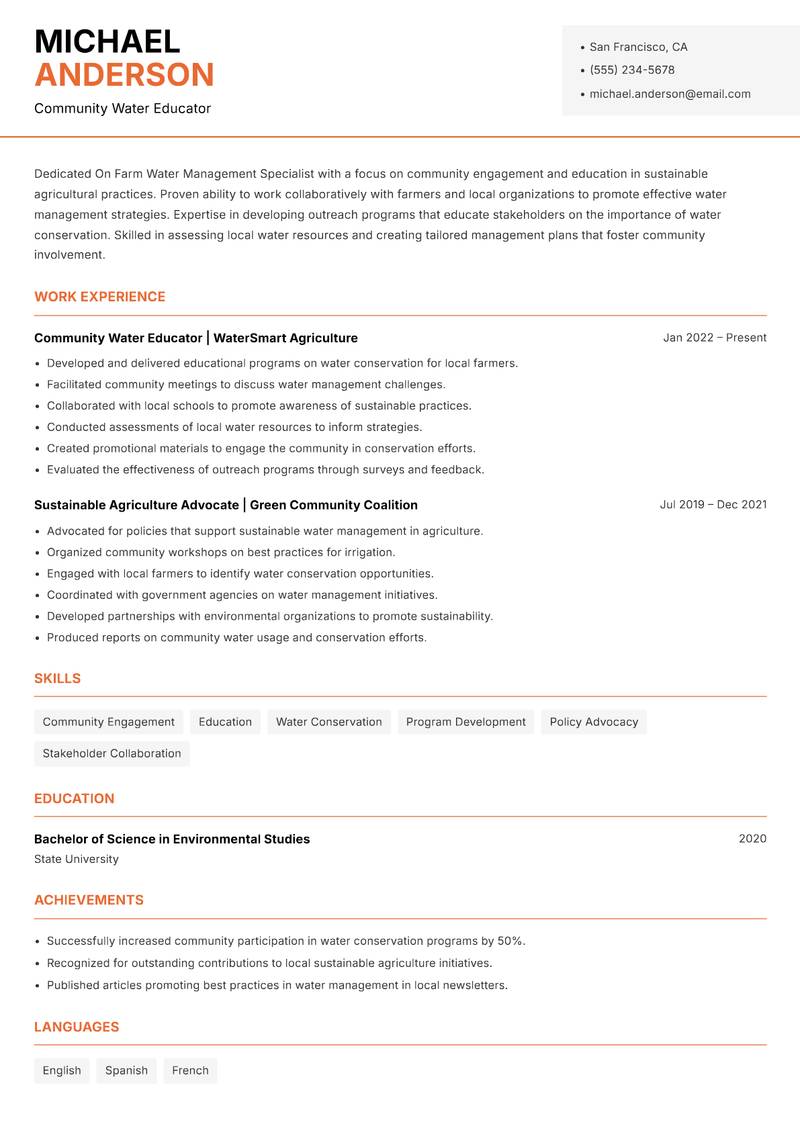 On Farm Water Management Specialist Resume Template