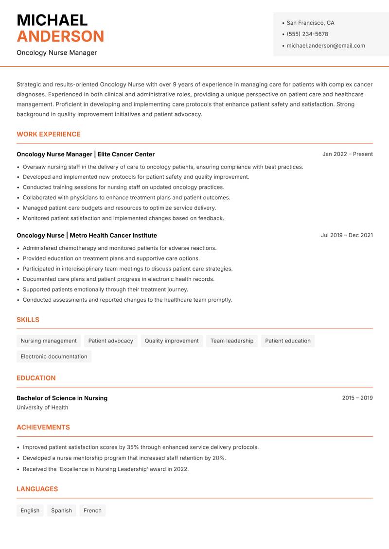 Oncology Nurse Resume Template
