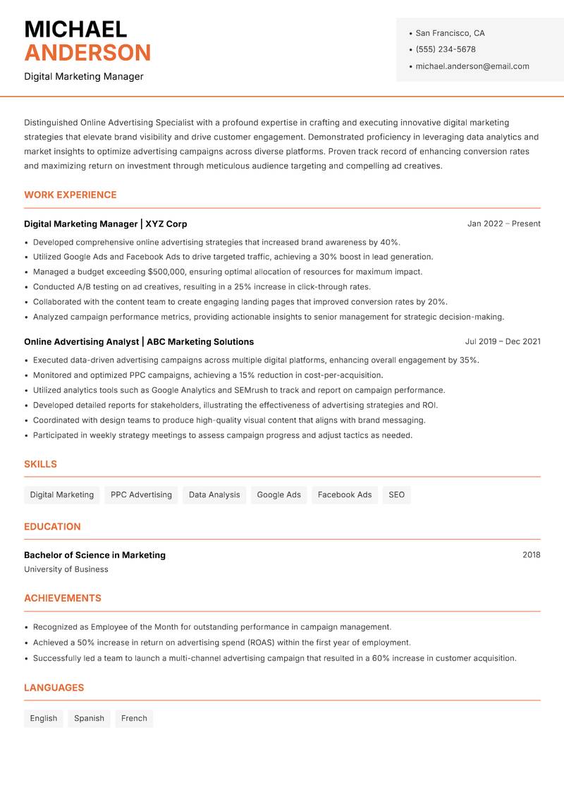 Online Advertising Specialist Resume Template
