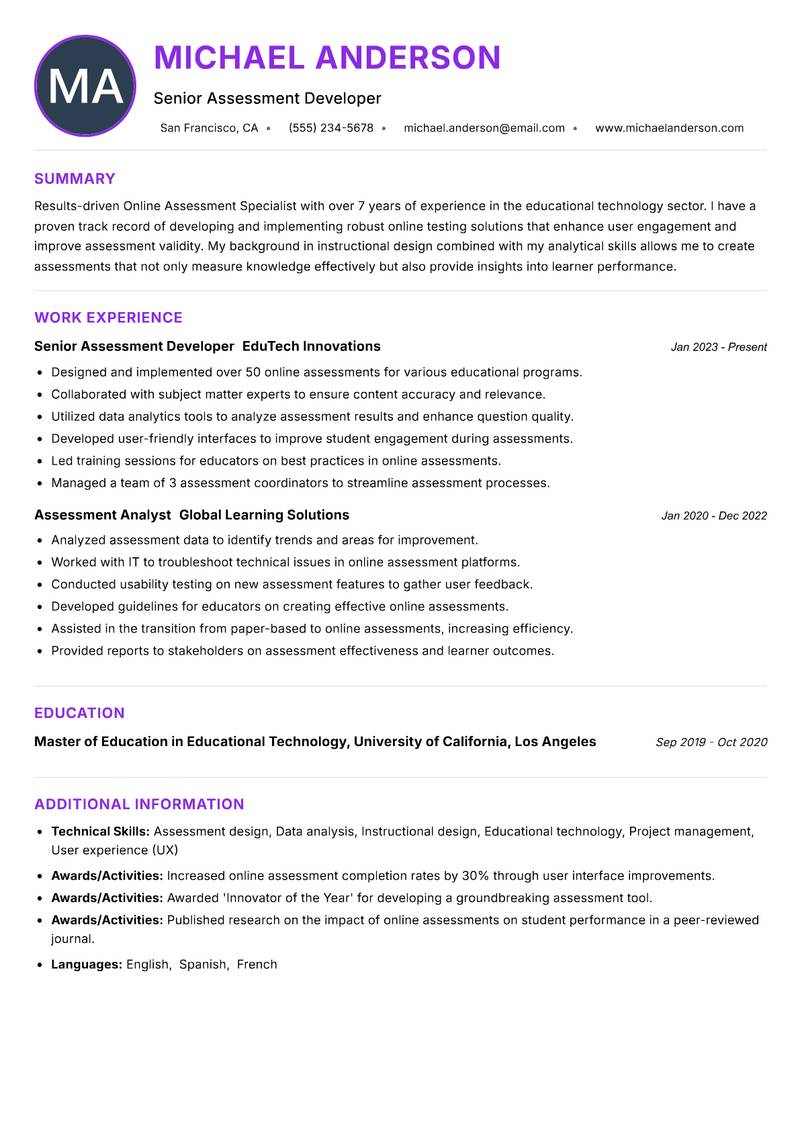 Online Assessment Specialist Resume Preview Example
