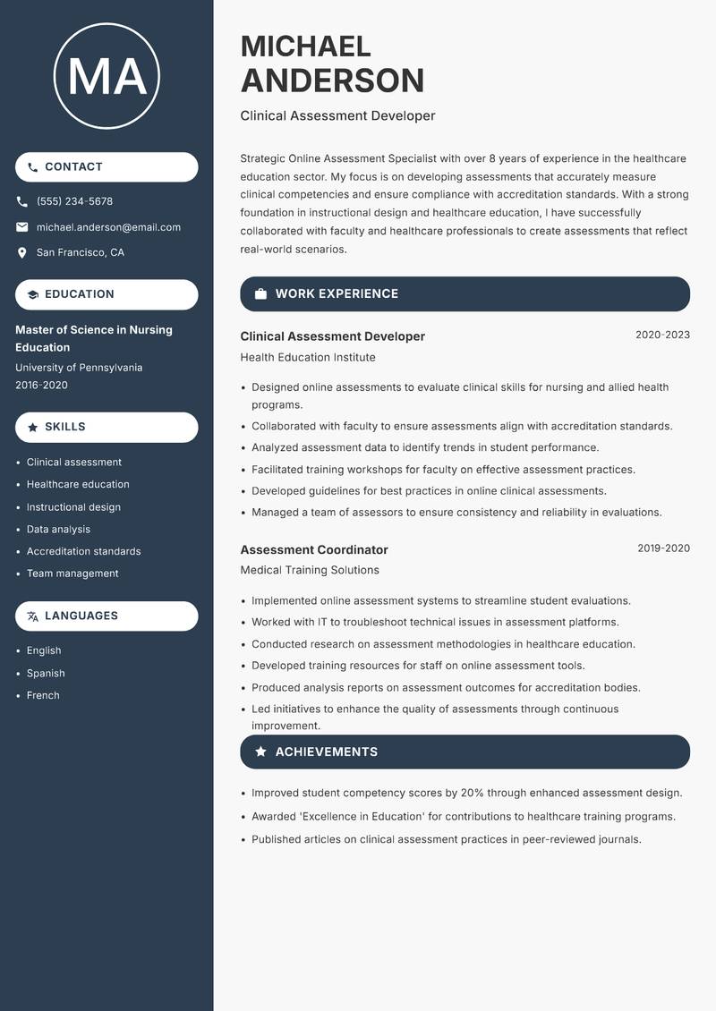 Online Assessment Specialist Resume Preview Example