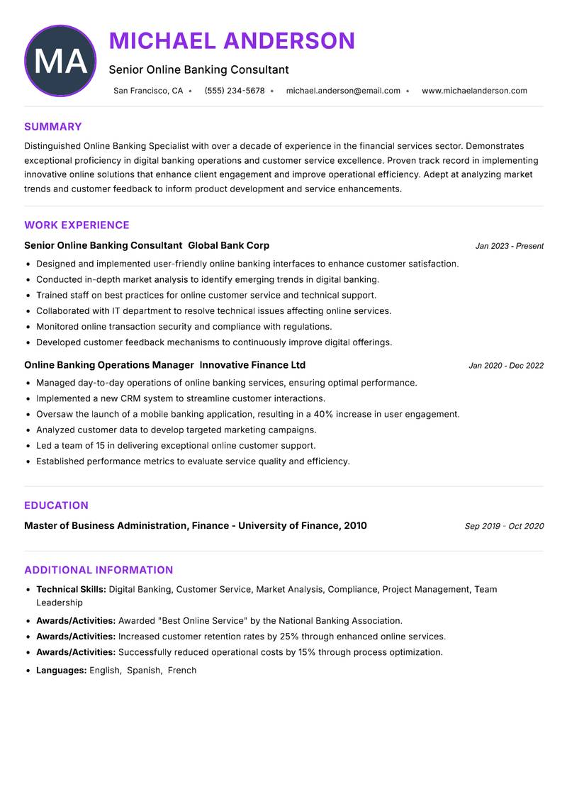 Online Banking Specialist Resume Preview Example
