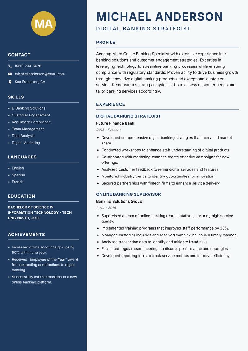 Online Banking Specialist Resume Preview Example