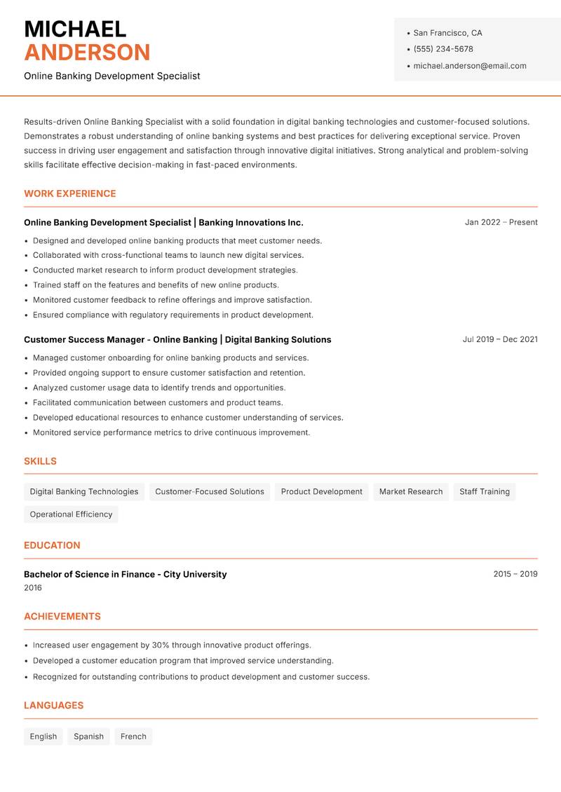 Online Banking Specialist Resume Template