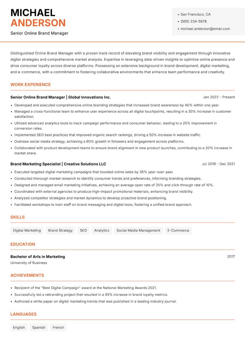 Online Brand Manager Resume Template
