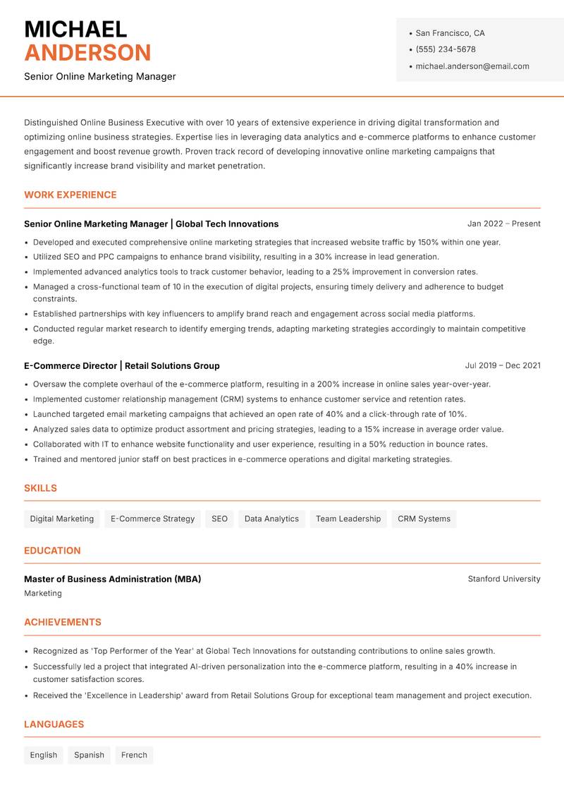 Online Business Executive Resume Template