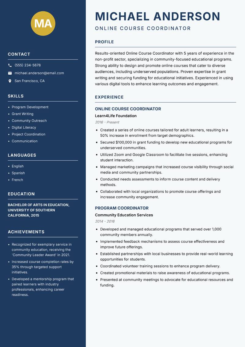 Online Course Coordinator Resume Preview Example